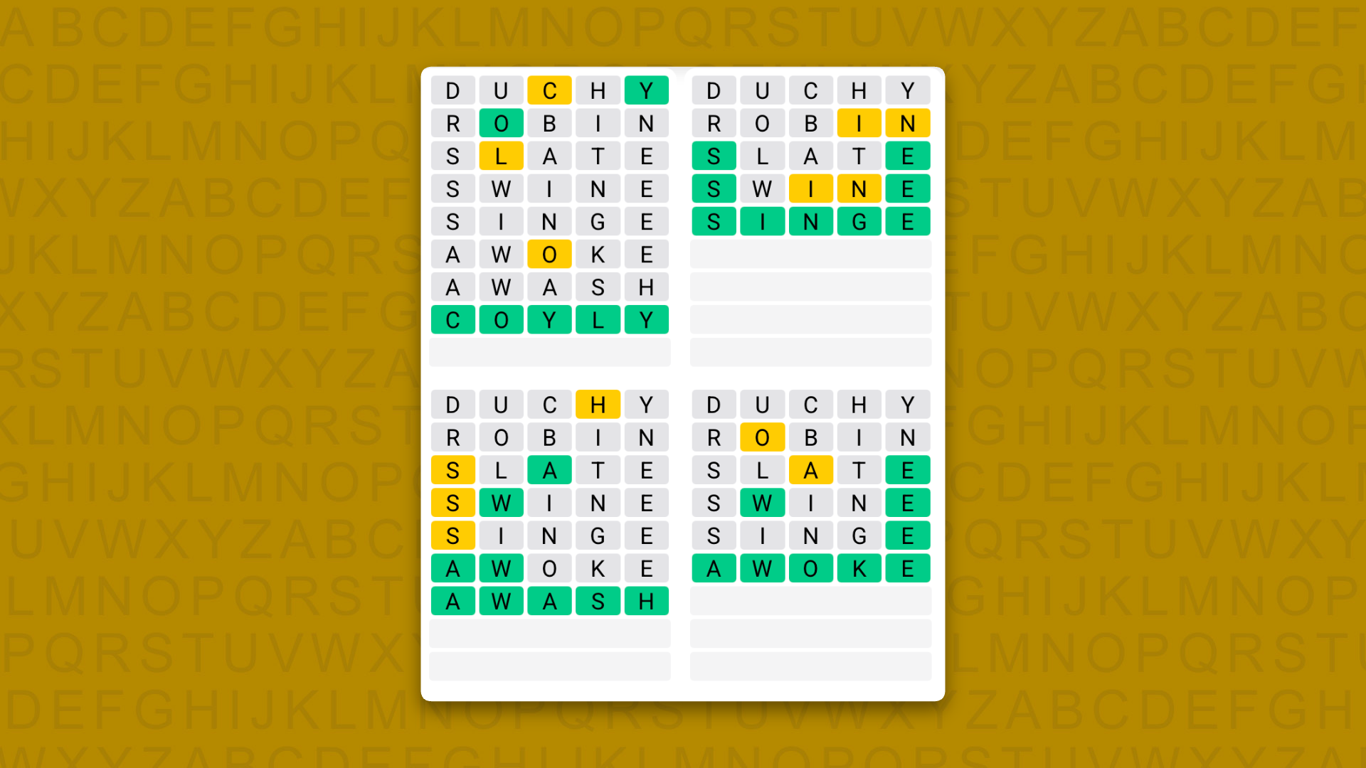 Quordle answers for the game 1640 on a yellow background