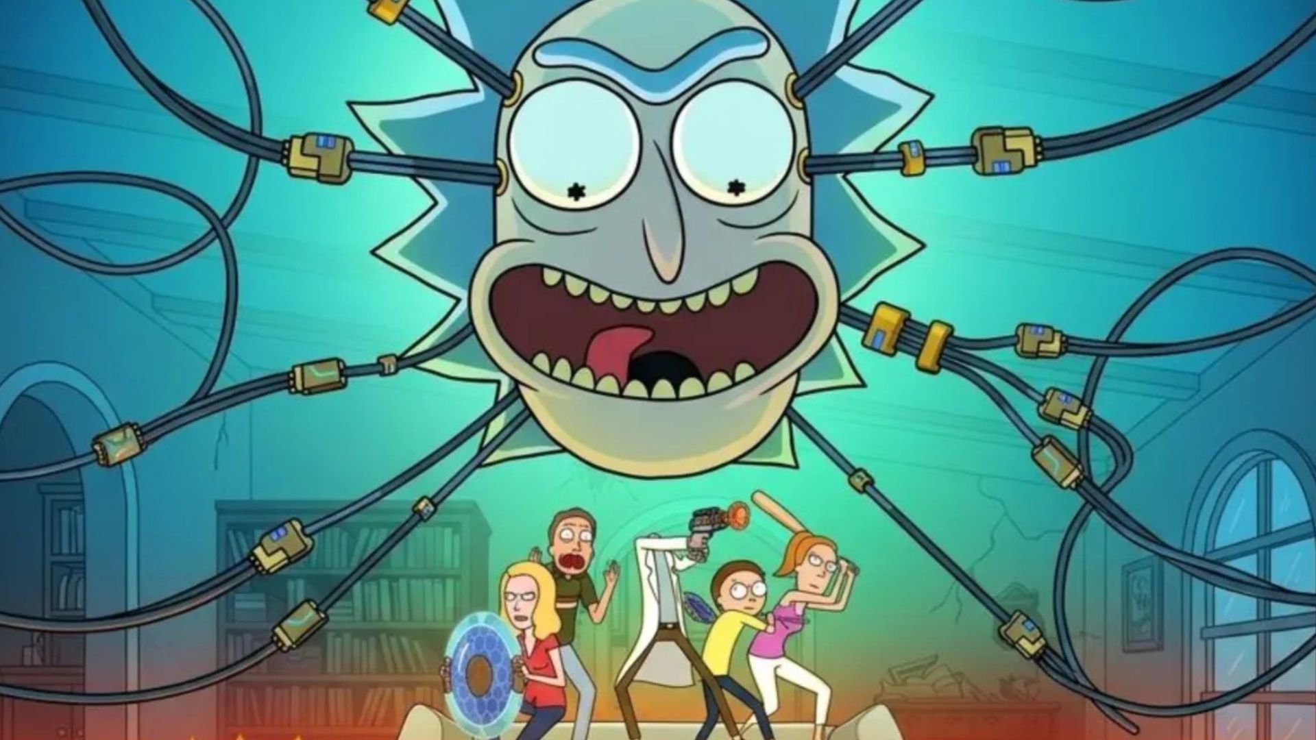 Rick's giant head floats above the gun-wielding Smith family